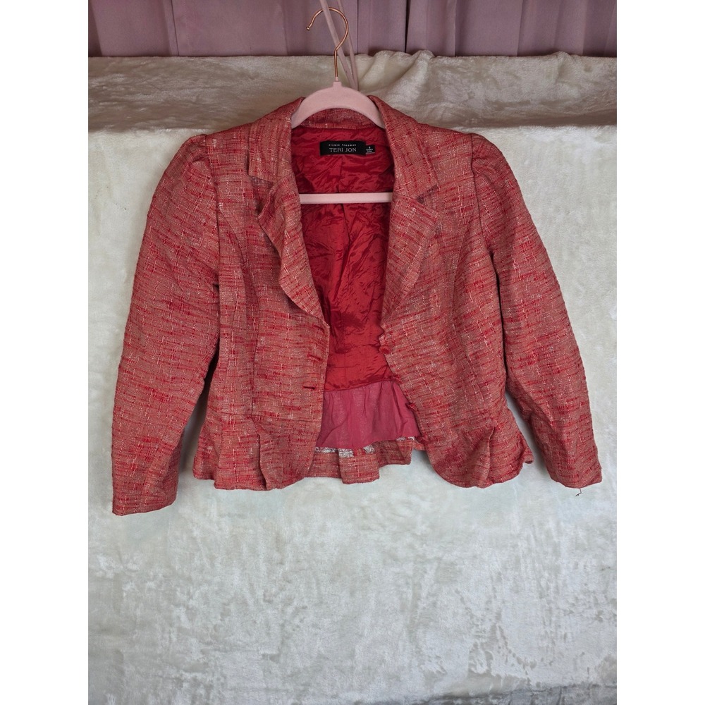 Rickie Freeman Teri Jon Red Gold Metallic Tweed Skirt Suit Set Peplum Blazer 8 6